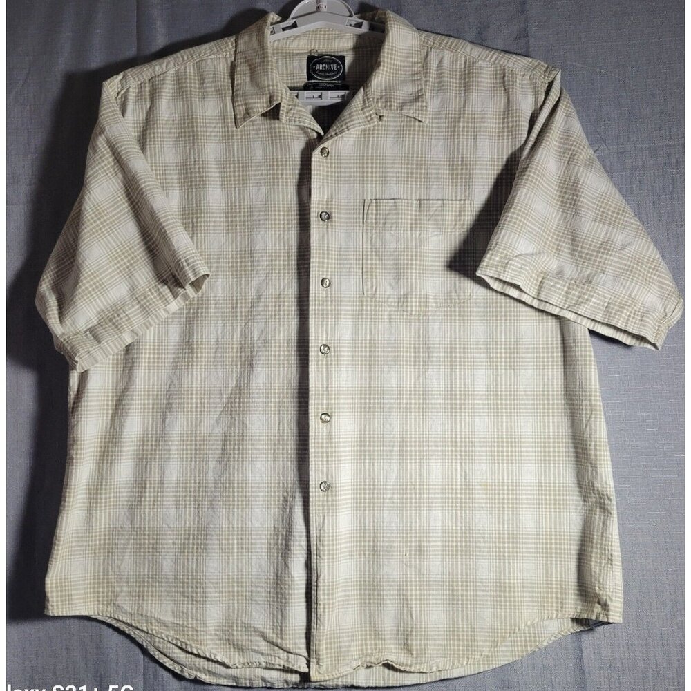 Mens XXL Button Up Short Sleeve Shirt Plaid White Tan Beige Casual Pocket